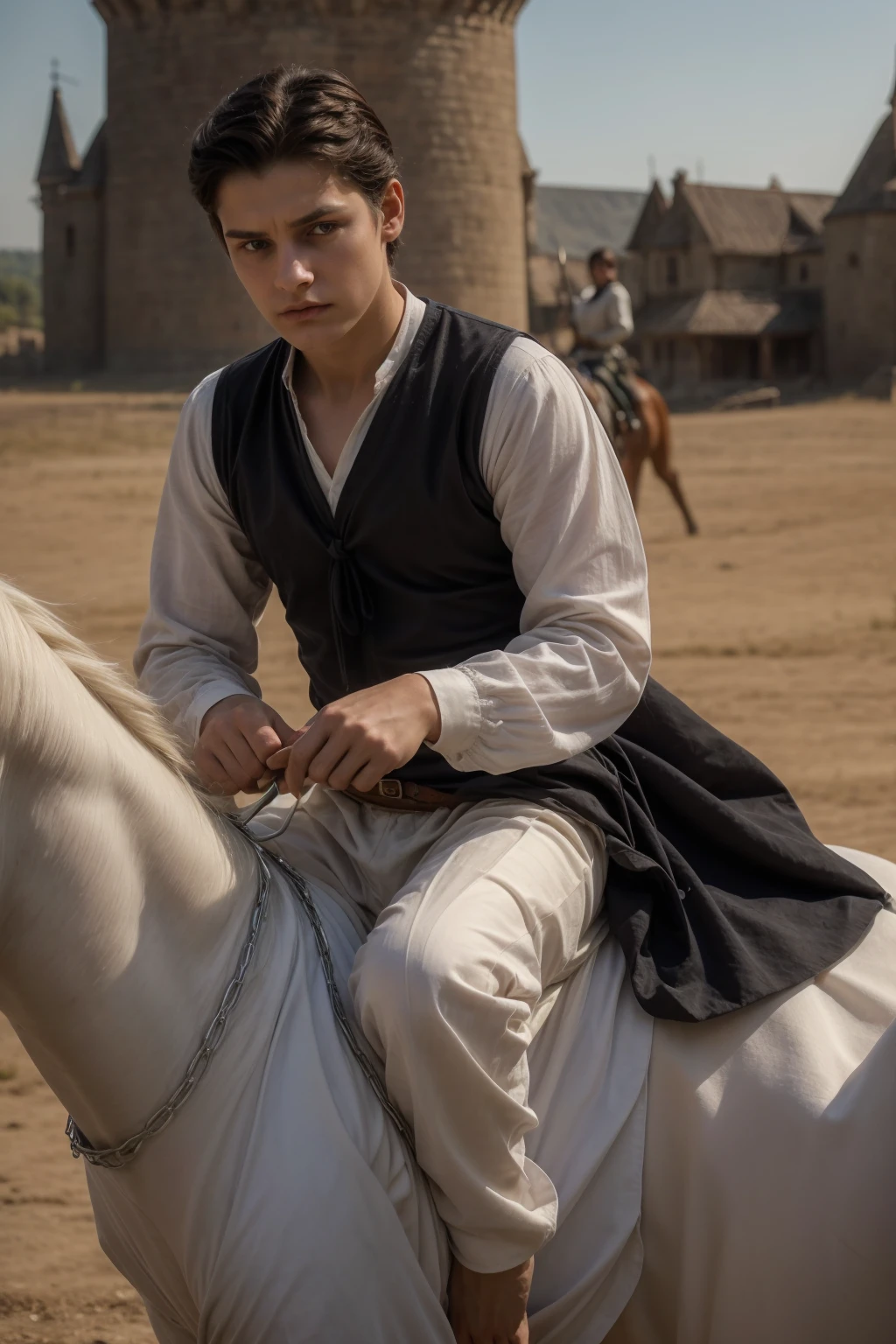 A cute young male twink, 18 years old, with makeup and black hair, wearing a medieval shirt with ties, a v-neck, and long sleeves, the color aquamarine, and white medieval pants. He is on the battlefield, riding on a horse, as if the horse is galloping. He holds his sword and shield in his hand, and behind him is a huge castle covering the door, and he looks angrily