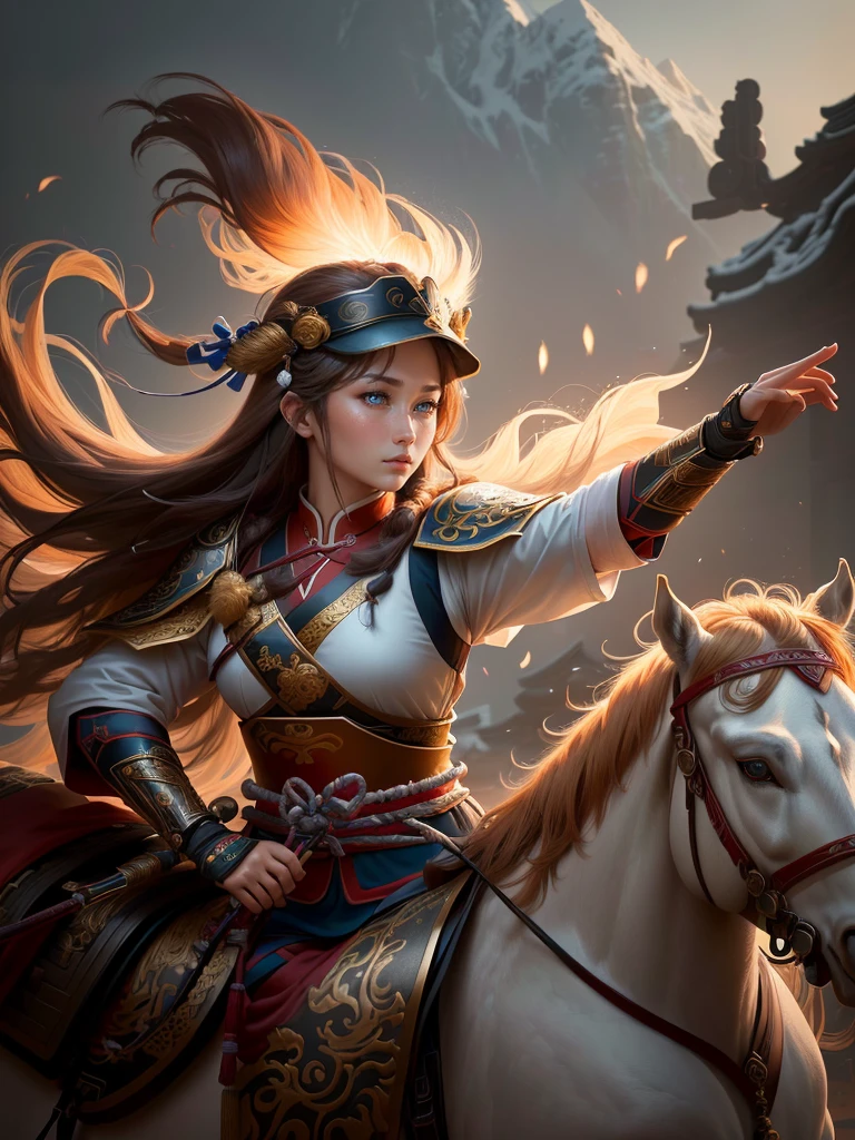 a close up of a woman with a bow and a bow on a horse, mongol, guan yu, genghis khan, inspired by Hu Zaobin, chinese warrior, zhao yun, photo of genghis khan, bian lian, inspired by Wu Bin, inspired by Huang Shen, inspired by Cao Zhibai, feng shu, chinese three kingdoms, yang qi, Highly detailed CG unit 8k wallpaper, masterpiece, High resolution, highest quality, highest quality real texture skin, Super Real, Digital Painting, Best image quality, 最High resolution, 8k, (((Highly detailed eyes and face, Beautiful eyes every detail))), profile, light brown hair,