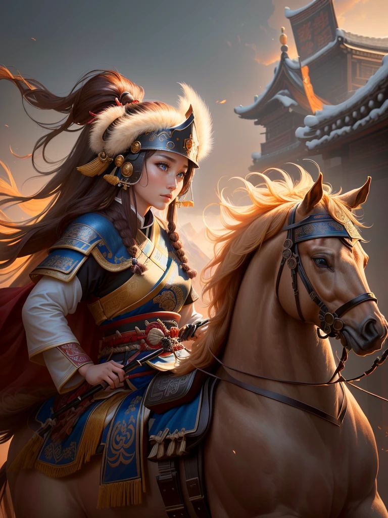 a close up of a woman with a bow and a bow on a horse, mongol, guan yu, genghis khan, inspired by Hu Zaobin, chinese warrior, zhao yun, photo of genghis khan, bian lian, inspired by Wu Bin, inspired by Huang Shen, inspired by Cao Zhibai, feng shu, chinese three kingdoms, yang qi, Highly detailed CG unit 8k wallpaper, masterpiece, High resolution, highest quality, highest quality real texture skin, Super Real, Digital Painting, Best image quality, 最High resolution, 8k, (((Highly detailed eyes and face, Beautiful eyes every detail))), profile, light brown hair,