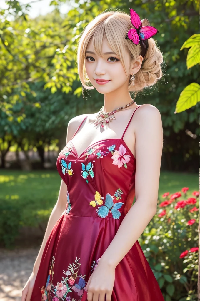 (masterpiece:1.4), (best quality:1.4), ultra high res, ultra high resolution, ((detailed facial features)), HDR, (realistic, photorealistic, photo-realistic:1.37), full body, sexy seductive Swedish woman, (seductive smile), (slim girl), long lashes, multicolor metallic makeup, vivid colors, (multicolor pink light blue blonde very short hair), fair skin, elegant posture, wearing large sparkling colorful jewelery, wearing a red silk Paradise Kiss cosplay dress with black floral embroidery, multicolor butterflies, eastern setting, japanese park in background, lush garden, sunny, in focus, gentle sunlight shining, casting a soft glow on her face, adding warmth to the scene, vivid colors, showcasing her natural beauty and grace in a feminine way