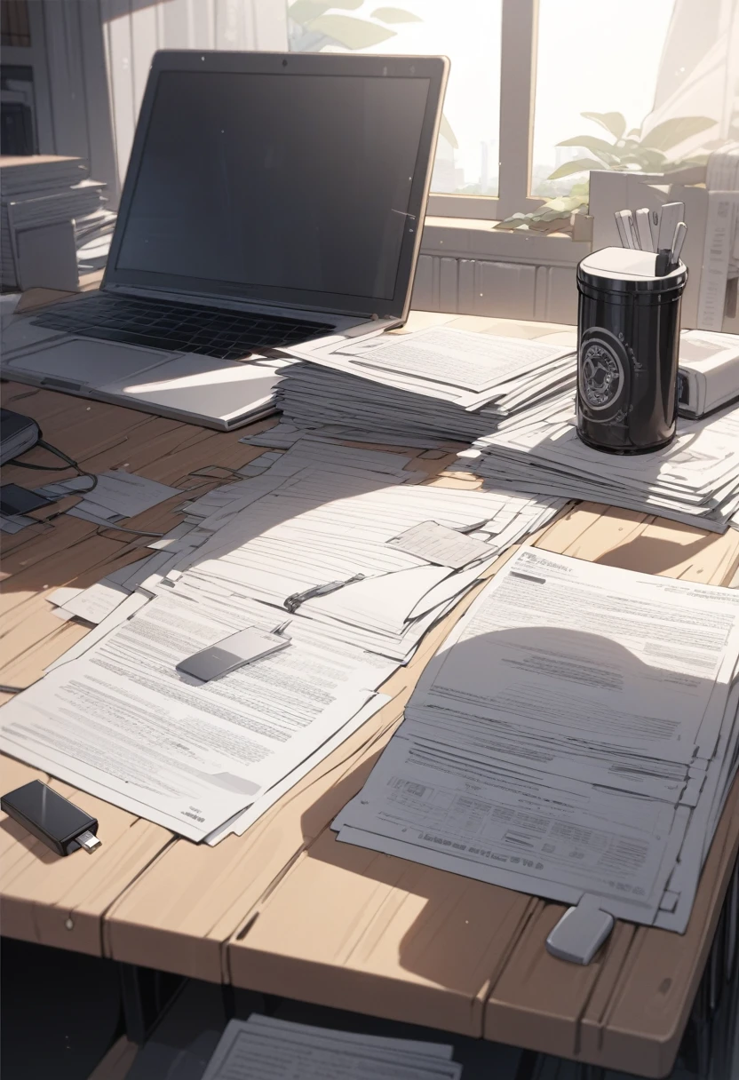 masterpiece, best quality, extremely detailed, ultra detailed, flat anime, 2D, Papers is on the desk, USB flash drive is on the paper.