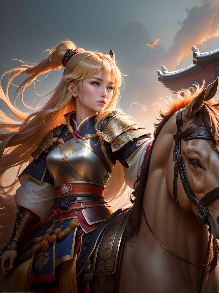 a close up of a woman with a bow and a bow on a horse, mongol, guan yu, genghis khan, inspired by Hu Zaobin, chinese warrior, zhao yun, photo of genghis khan, bian lian, inspired by Wu Bin, inspired by Huang Shen, inspired by Cao Zhibai, feng shu, chinese three kingdoms, yang qi, Highly detailed CG unit 8k wallpaper, masterpiece, High resolution, highest quality, highest quality real texture skin, Super Real, Digital Painting, Best image quality, 最High resolution, 8k, (((Highly detailed eyes and face, Beautiful eyes every detail))), profile, light brown hair,