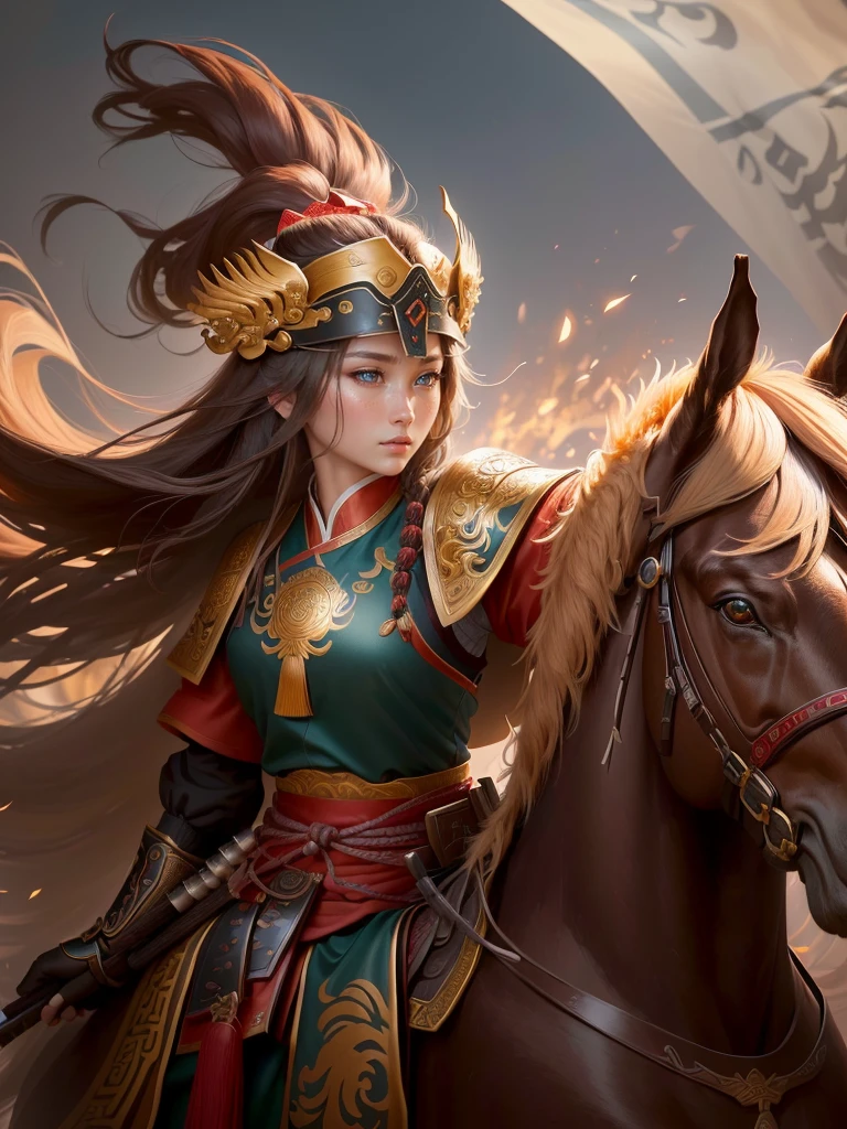 a close up of a woman with a bow and a bow on a horse, mongol, guan yu, genghis khan, inspired by Hu Zaobin, chinese warrior, zhao yun, photo of genghis khan, bian lian, inspired by Wu Bin, inspired by Huang Shen, inspired by Cao Zhibai, feng shu, chinese three kingdoms, yang qi, Highly detailed CG unit 8k wallpaper, masterpiece, High resolution, highest quality, highest quality real texture skin, Super Real, Digital Painting, Best image quality, 最High resolution, 8k, (((Highly detailed eyes and face, Beautiful eyes every detail))), profile, light brown hair, 