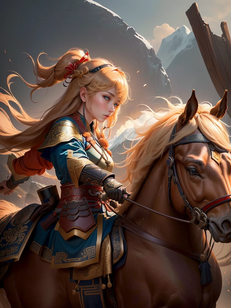 a close up of a woman with a bow and a bow on a horse, mongol, guan yu, genghis khan, inspired by Hu Zaobin, chinese warrior, zhao yun, photo of genghis khan, bian lian, inspired by Wu Bin, inspired by Huang Shen, inspired by Cao Zhibai, feng shu, chinese three kingdoms, yang qi, Highly detailed CG unit 8k wallpaper, masterpiece, High resolution, highest quality, highest quality real texture skin, Super Real, Digital Painting, Best image quality, 最High resolution, 8k, (((Highly detailed eyes and face, Beautiful eyes every detail))), profile, light brown hair, 