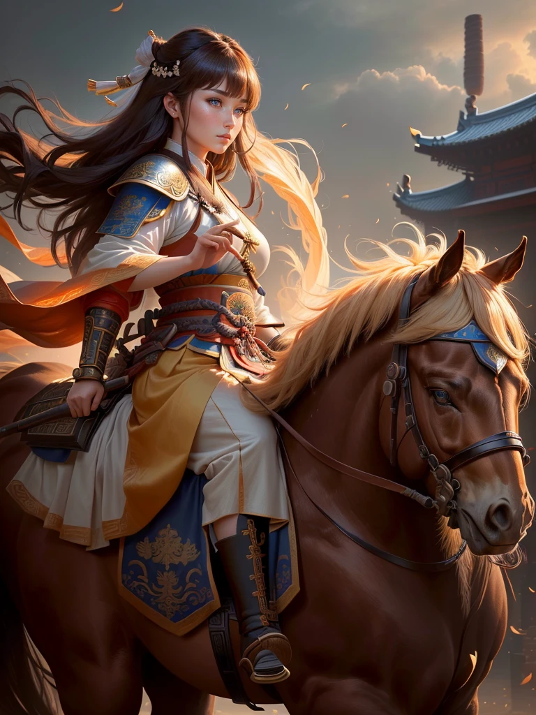 a close up of a woman with a bow and a bow on a horse, mongol, guan yu, genghis khan, inspired by Hu Zaobin, chinese warrior, zhao yun, photo of genghis khan, bian lian, inspired by Wu Bin, inspired by Huang Shen, inspired by Cao Zhibai, feng shu, chinese three kingdoms, yang qi, Highly detailed CG unit 8k wallpaper, masterpiece, High resolution, highest quality, highest quality real texture skin, Super Real, Digital Painting, Best image quality, 最High resolution, 8k, (((Highly detailed eyes and face, Beautiful eyes every detail))), profile, light brown hair,