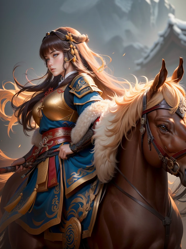 a close up of a woman with a bow and a bow on a horse, mongol, guan yu, genghis khan, inspired by Hu Zaobin, chinese warrior, zhao yun, photo of genghis khan, bian lian, inspired by Wu Bin, inspired by Huang Shen, inspired by Cao Zhibai, feng shu, chinese three kingdoms, yang qi, Highly detailed CG unit 8k wallpaper, masterpiece, High resolution, highest quality, highest quality real texture skin, Super Real, Digital Painting, Best image quality, 最High resolution, 8k, (((Highly detailed eyes and face, Beautiful eyes every detail))), profile, light brown hair,