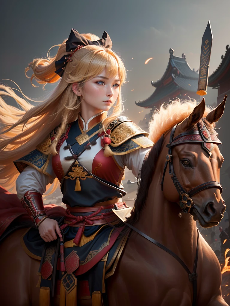 a close up of a woman with a bow and a bow on a horse, mongol, guan yu, genghis khan, inspired by Hu Zaobin, chinese warrior, zhao yun, photo of genghis khan, bian lian, inspired by Wu Bin, inspired by Huang Shen, inspired by Cao Zhibai, feng shu, chinese three kingdoms, yang qi, Highly detailed CG unit 8k wallpaper, masterpiece, High resolution, highest quality, highest quality real texture skin, Super Real, Digital Painting, Best image quality, 最High resolution, 8k, (((Highly detailed eyes and face, Beautiful eyes every detail))), profile, light brown hair,
