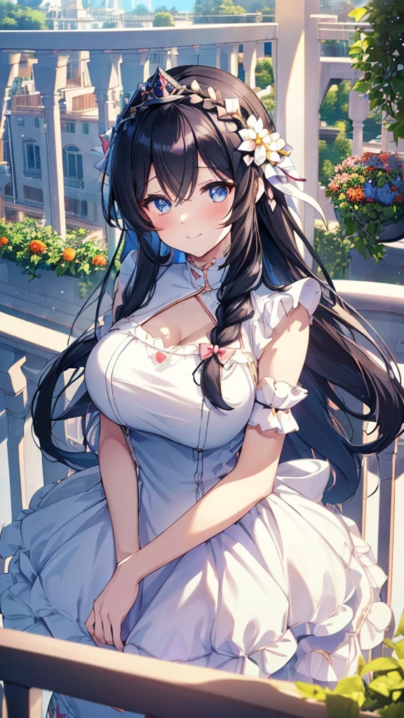 best quality, extremely detailed,anime style girl,long hair down to the waist, straight hair, ((dark black hair with bluish)),braid,beautiful detailed eyes, pinched eyes, (dark blue eyes),huge breasts,curvy,((((white main cutie brightly colored princess dress)))),clothing with complex patterns,hair ornament,smile,((((balcony in garden)))),((((pov))))