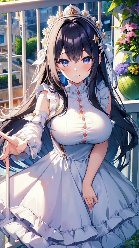 best quality, extremely detailed,anime style girl,long hair down to the waist, straight hair, ((dark black hair with bluish)),braid,beautiful detailed eyes, pinched eyes, (dark blue eyes),huge breasts,curvy,((((white main cutie brightly colored princess dress)))),clothing with complex patterns,hair ornament,smile,((((balcony in garden)))),((((pov))))