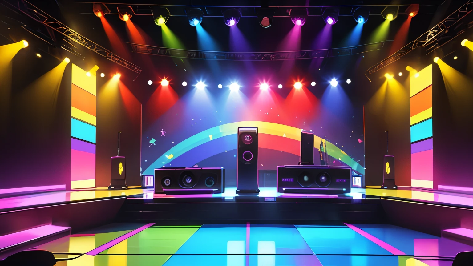 criar um ambiente de disco on 70,80s , eletronic style, stage, lights, power speakers,amplicadores de som,equelizadores, no figures no ambiente, rainbow color lights decoration, unique disco