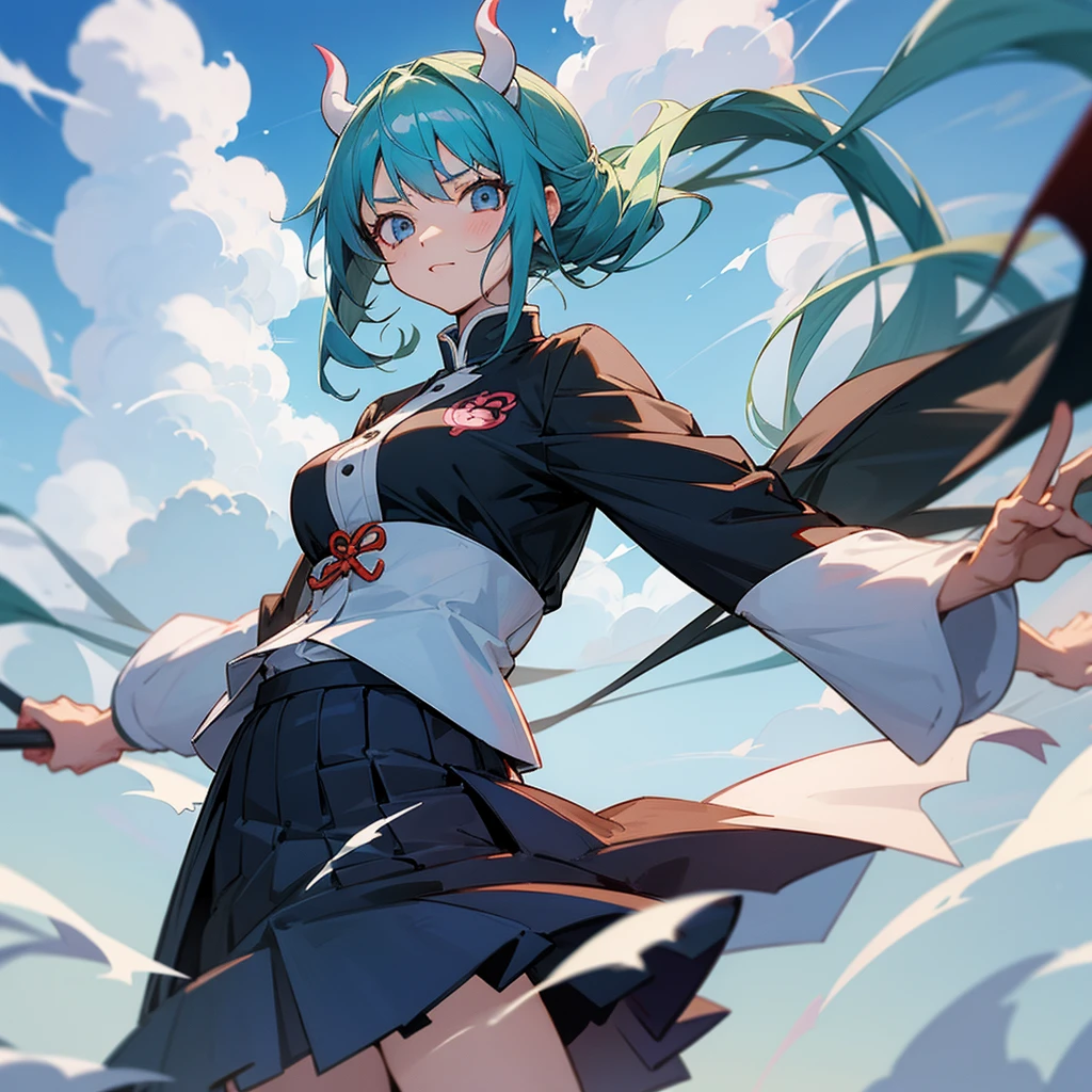 Anime girl wearing a demon slayer uniform with an open top and skirt with a cloud-patterned haori