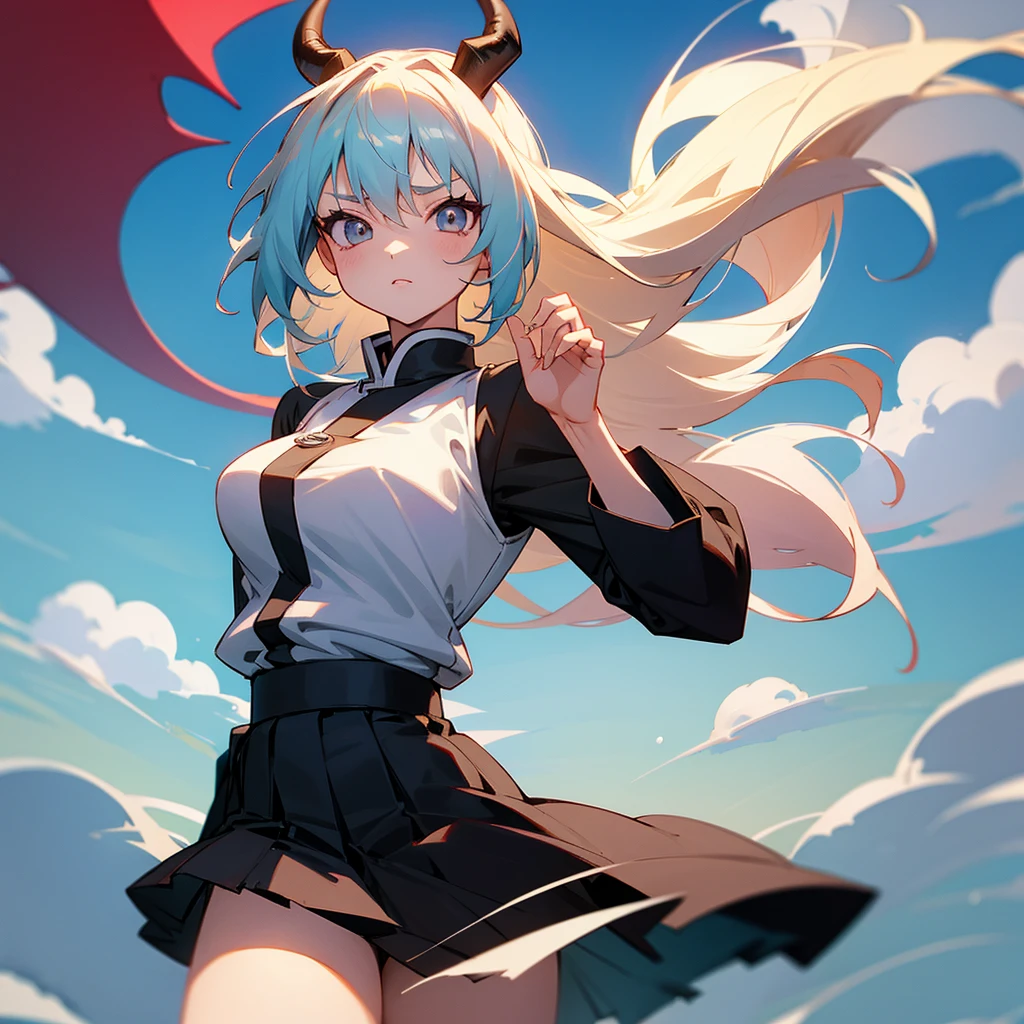 Anime girl wearing a demon slayer uniform with an open top and skirt with a cloud-patterned haori