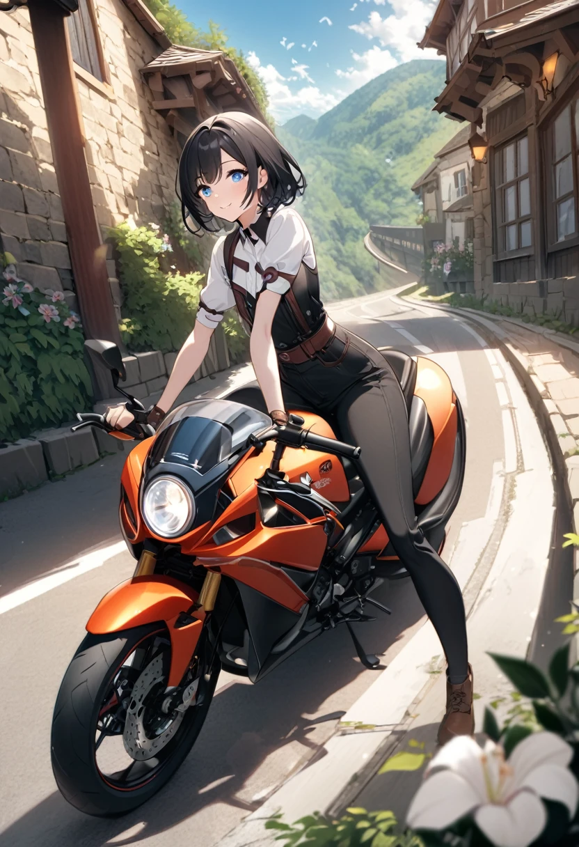 eautiful 1girl, solo, gentle smile on her face flat chest, short hair, black hair, blue eyes, Beautiful depiction、Overhead view、beautiful a girl、thin-waist、The roar of a motorcycle engine、 A moment to challenge the winding road。 The wind strokes my hair、The scenery spreads out vividly Asphalt orbit、Invitation to Freedom。 Winding Road、Ups and downs of elevation differences The rider's heart is pounding with adrenaline。 Drive through the curves、Across the valley Natural beauty、The attraction continues。 The blueness of the sky、mont々Green、River flow Winding Road plays poetry。 Motorcycles and riders、Becoming one and adventure、Illuminate the heart。 sometimes、Take a break at a roadside café Enjoy a cup of coffee in the wind。 Winding Road Journey、 Engrave in the soul、An unforgettable adventure。