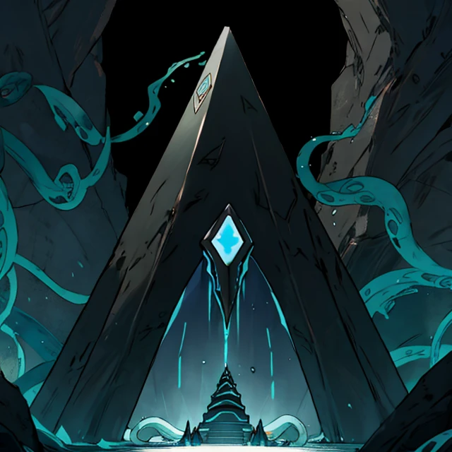 Black and blue pyramid with several long black tentacles, with a look of light 