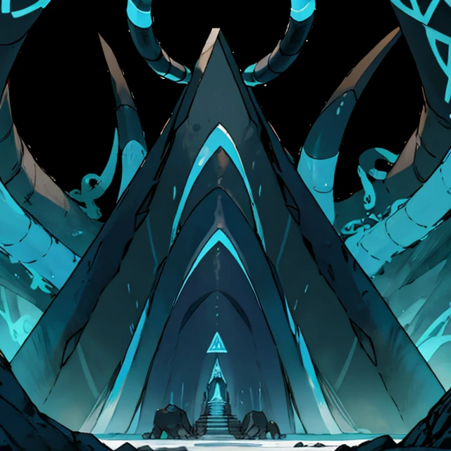 Black and blue pyramid with several long black tentacles, with a look of light 