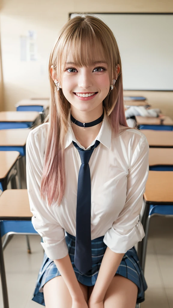 Mix 4, (8k, RAW Photos, Highest quality, masterpiece: 1.45), (Realistic, photoRealistic: 1.37), kitagawa marin,  (Blonde, Pink gradient hair), ((Long Hair, Sink bangs,Colorful Hair, Red eyes)),Pose like a model,((A bold pose with a bent forward stance))、(Sit with your legs wide apart:1.3)、Japanese women, ************,high School student、Model body type, (Big Breasts:1.3), Narrow waist, Beautiful Face, Beautiful Eyes, Multiple simple earlobe piercings, Cartilage rod piercing, White shirt, Shirt with tie, Black choker,  Blue tie, Checked skirt,  Grin, smile, Are standing, Cowboy Shot, inside the School、classroom、hight School, 1 girl, alone, Detailed face and eyes, Upper body photo. Realistic, Realistic.Marin Gyaru,School_uniform