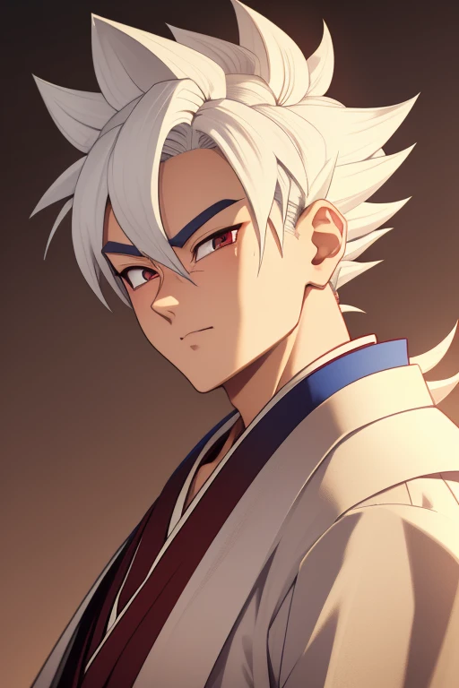 a young man with medium white hair with a penetrating look but with a delicate face wearing traditional Japanese clothing torn up and transformed into a super saiyan 4 dragon ball gt