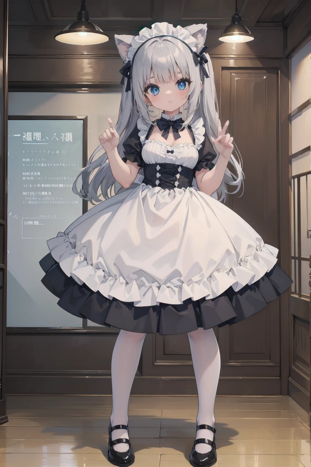 (Animal ears), Light silver hair, blue eyes, French maid cosplay, Full body pose, (masterpiece), (Highest quality), (非常にdetailedな), more_detailed:-1, more_detailed:0, more_detailed:0.5, more_detailed:1, more_detailed:1.5, Shine