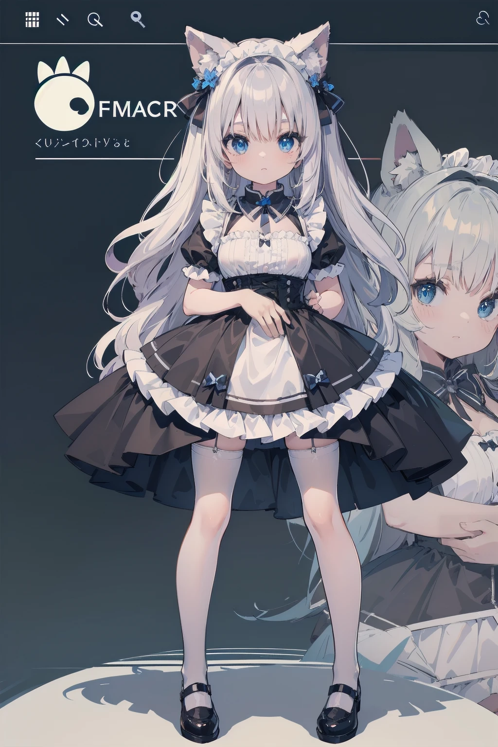 (Animal ears), Light silver hair, blue eyes, French maid cosplay, Full body pose, (masterpiece), (Highest quality), (非常にdetailedな), more_detailed:-1, more_detailed:0, more_detailed:0.5, more_detailed:1, more_detailed:1.5, Shine