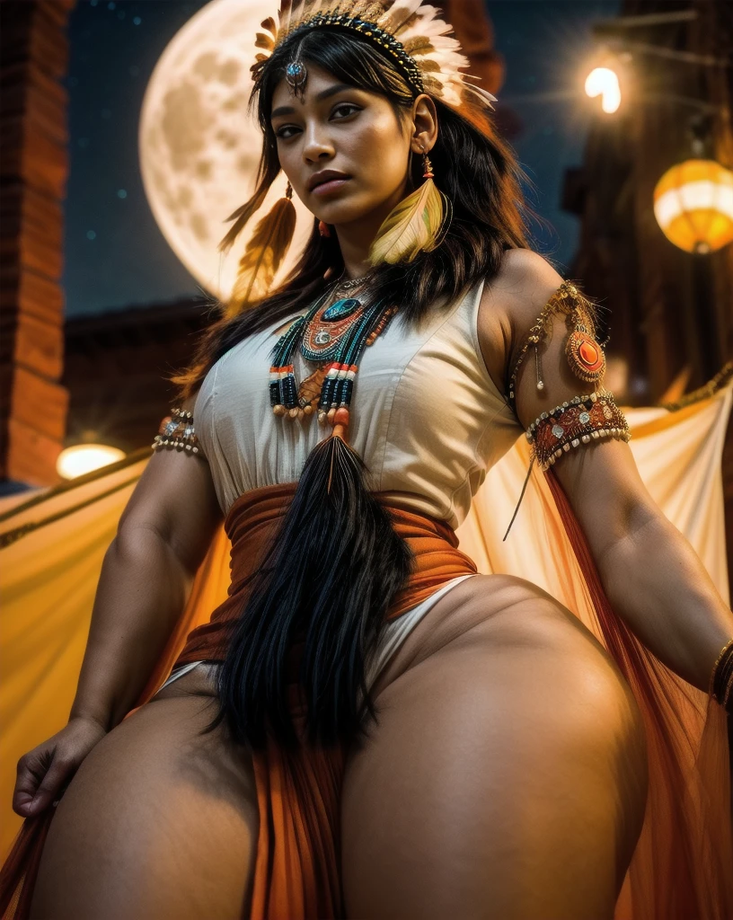 Beautiful Cherokee Indian woman with beautiful terracotta colored headdresses, blackw, doradas, cobre, Pearl, white and beige, feathers made of bright neon of various colors, flares on camera, bokeh, full moon night
