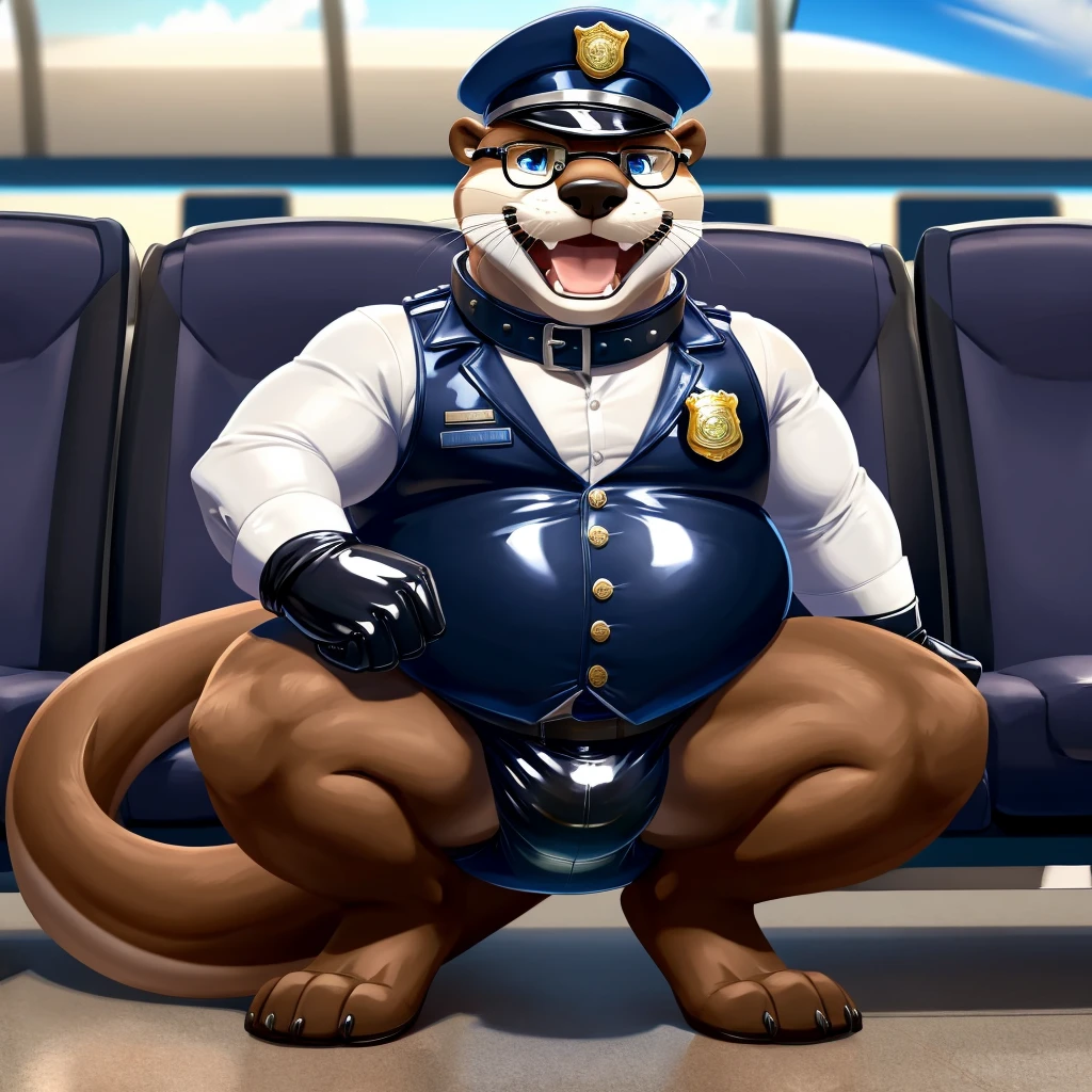 Multiple Otters, Male, fat, squatting, extremely obese, gentleman, dapper Otter, pooping in diaper, blue eyes, (soft shading), 4k, hi res, ((detailed face, detailed)), looking at viewer, evil grin, Airport, TSA, TSA Uniform, collared shirt with ons, hat, male focus, Police Uniform, glasses, monocle, vest with butt sleeves rolled up, round eyewear, headwear, vest, Otter is wearing a glossy leather dog collar around the neck, Otter is wearing the leather collar and shirt and vest at the same time, Otter is wearing glossy white rubber gloves on the hands, wearing white rubber gloves on the feet, gloves are rubber in texture, mouth wide open, evil laugh, clenching fists, leather collar is glossy and shiny with a lot of detail, Otter is wearing gloves and leather collar at the same time, leather collar has a round dog-tag, leather collar is thick and detailed, white rubber gloves on the feet, Otter is wearing gloves and leather collar at the same time, leather collar has a round dog-tag, leather collar is thick and detailed, leather collar is glossy and shiny, fancy clothing, dapper vest, dapper shirt, leather collar is thick, glossy leather collar, Otter is wearing a dirty diaper