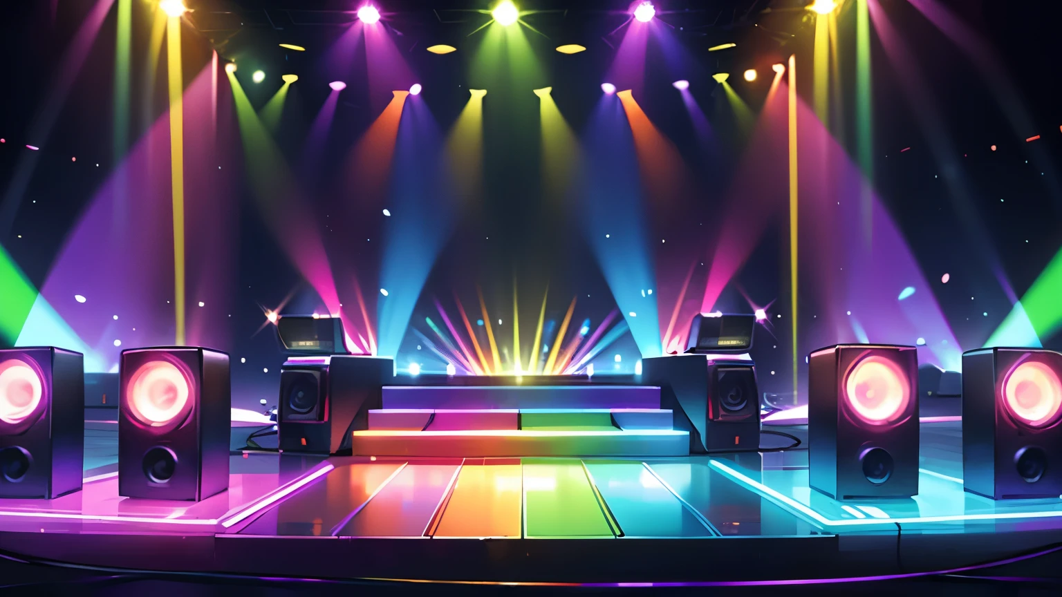 criar um ambiente de disco on 70,80s , eletronic style, stage, lights, power speakers,amplicadores de som,equelizadores, no figures no ambiente, rainbow color lights decoration, unique disco