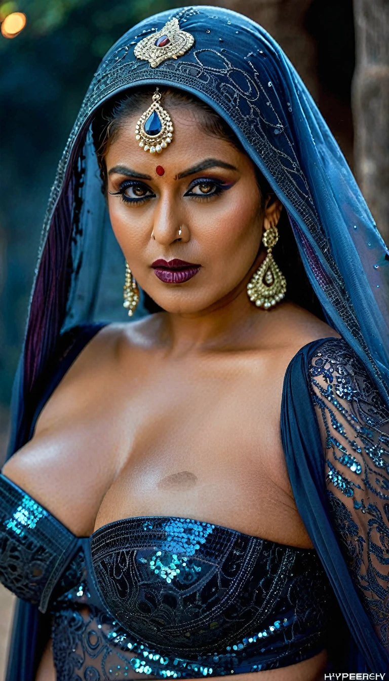 Looks like Nayanthara, full body Closeup shot, Big chubby aunty, milf, cougar lady witch, horny Gothic milf, 70 years old gorgeous mature lady, pervert demoness, demoness of lust, curvy, black lips, horny face, extremely gorgeous, thick figure, heavy physique, voluptuous, curvy, sexy figure, Fashionable portrait of androgynous alien looking witch wearing veil, glowing eyes, futuristic design, minimal details, givenchy, photoreal, 200mm, hd, f/ 2.0, highly detailed, surreal, sexy beautiful evil woman, sexy bold sequin Saree with strapless Bra, chudail, Pishachini, horror genre, blood-thirsty enchantress, powerful female spirit, eerie, drop dead, in the style of red and blue, (intricate details, hyperdetailed:1.15) (skin texture:1.2), dark Moody tone, cinematic lighting, haunted place in background, hot Amma, hot aunty, hot bhabi, hot Chachi, heavy figure, fleshy figure, heavy and saggy breast, spicy hot woman, evil goddess,
