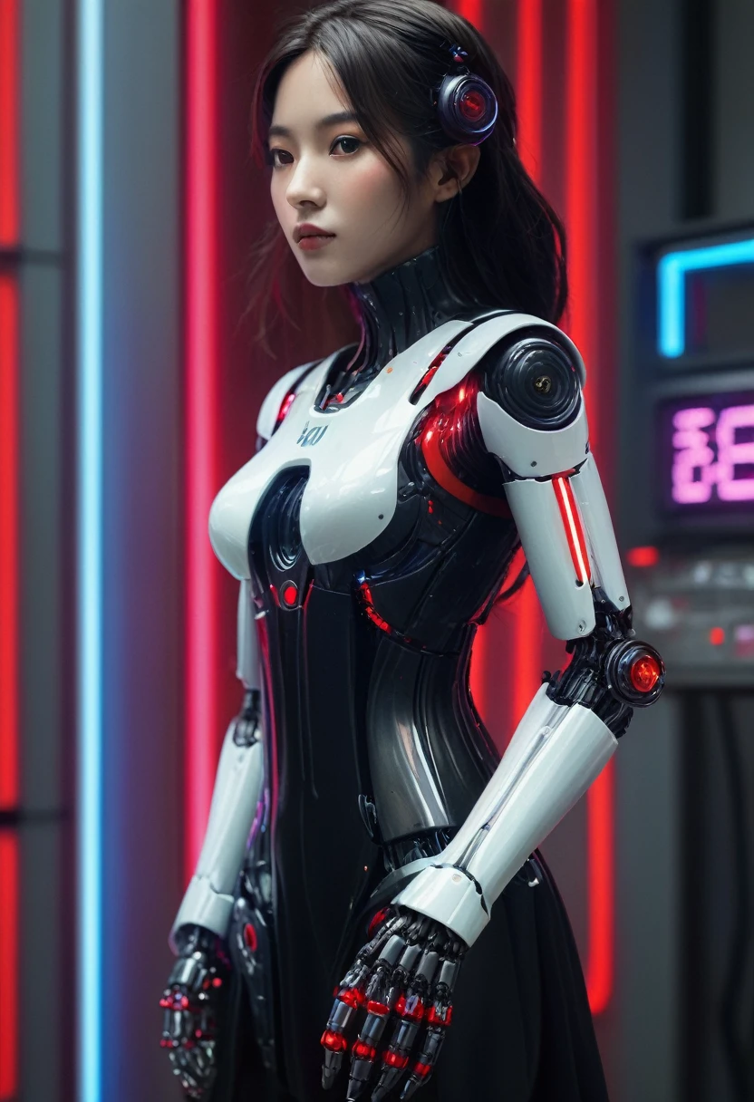 xxmixgirl. Highly detailed professional 35mm film, bokeh, face in sharp focus. A robotic female, Miku, with ((metal skin)), ((perfect Asian eyes)) with magenta irises and ((black pupils)), beautiful serious (detailed face), 18 year old ((photorealistic face)), very long magenta twin tails of magenta hair, twin black hair ties with a single red stripe. She may have a black audio headpiece. We can see her ((full body)) down to her boot soles. Her outfit is a sleeveless collared light grey shirt, outlined in red around the frilled collar and hems. Shiny reflective ((metallic breast cups, dimpleless)), invisible nipples. She wears black sleeves with red hems that start around her upper arm and bellow out as the sleeves open and extend to her wrists, with wide trumpet red rimmed cuffs. She has perfect robotic (detailed hands). She wears a red colored tie with two horizontal solid parallel black lines halfway across. She wears a fabric black skirt with a horizontal red hem at the bottom all the way around; her (((black skirt wraps around her))) and ((her skirt completely covers)) her robotic waist and thighs. Tall black boots with red bottom soles, a red rim around the top at her thighs. Her mechanical shoulder joints are visible. We can see her robotic legs and robotic neck. Half of her is covered with shiny polished machinery. The background is a distant dark neon futuristic Japanese city, gold, cyan, violet neon, near harbor or mountains.