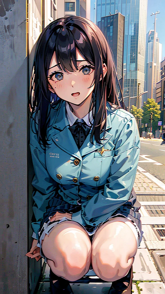 office Street,Skyscrapers in the background,blue sky,all fours,Kneel,masterpiece,quality,High resolution,高quality,Realistic,Random hairstyle,business suit,Blue jacket,White collared shirt,whole body,Bangs,Ahegao,Big eyes,Embarrassed face,Leaning against a wall,Fair skin,Thighs,High heels:1.3,pantydrop:1.5