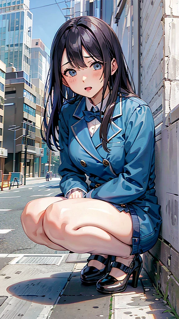 office Street,Skyscrapers in the background,blue sky,all fours,Kneel,masterpiece,quality,High resolution,高quality,Realistic,Random hairstyle,business suit,Blue jacket,White collared shirt,whole body,Bangs,Ahegao,Big eyes,Embarrassed face,Leaning against a wall,Fair skin,Thighs,High heels:1.3,pantydrop:1.5
