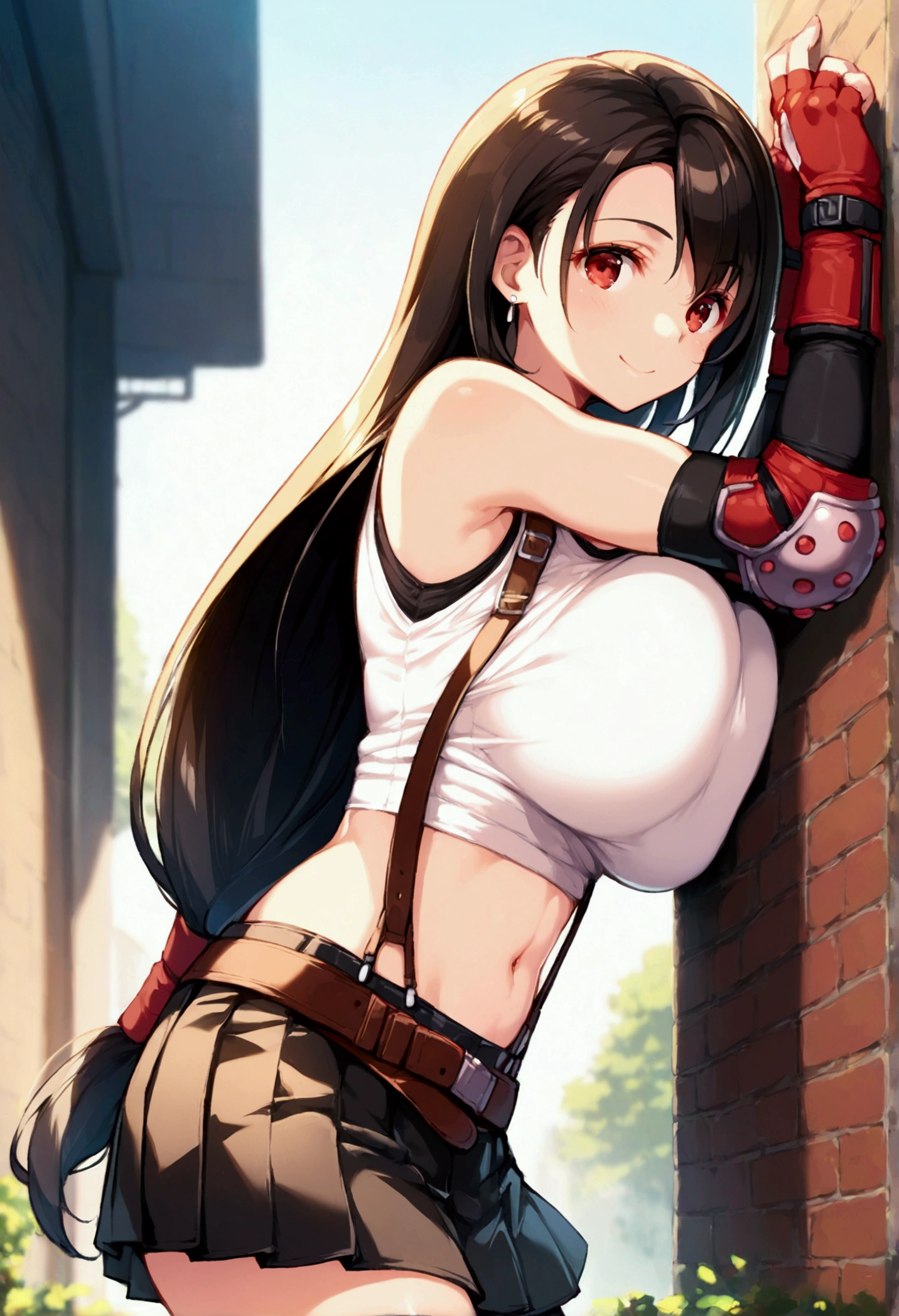 (score_9, score_8_up, score_7_up),,BREAK , ,dynamicangle,,breast side view,wall breast press,,standing,leaning on wall. upperbody,,Solo ,1girl, tifa lockhart, final fantasy, tareme,black hair, low-tied long hair, red eyes, bangs, (white tank top, belt, pleated skirt, thighhighs, elbow fingerless gloves, elbow pads, midriff, navel,suspender skirt) ,(large_breast),(light smile),daytime,outdoor,(ultra detailed),(best quality),(aesthetic,very aesthetic),UHD,extremely detailed CG unity 8k wallpaper,depth of field,,,detailed face and eyes