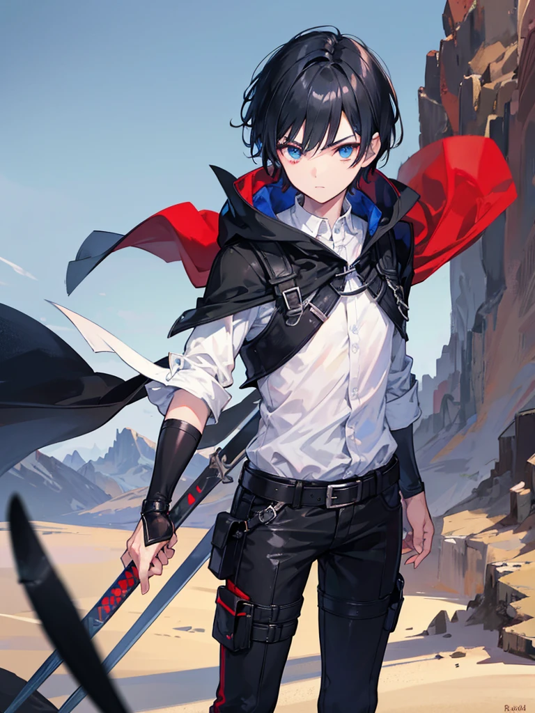 a boy with pitch black hair, short hair, using a cape, holding his sword, standing in a desert mountain, one red eye and one blue eye, 