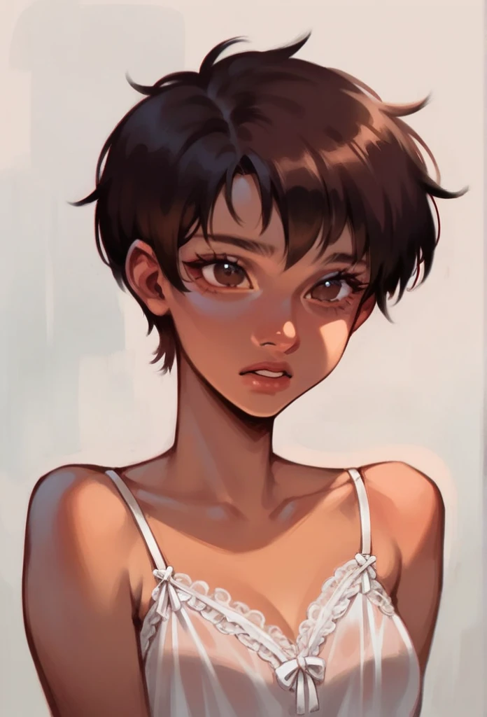 1girl, extreme short hair, black silk nightgown, dark Brown eyes,