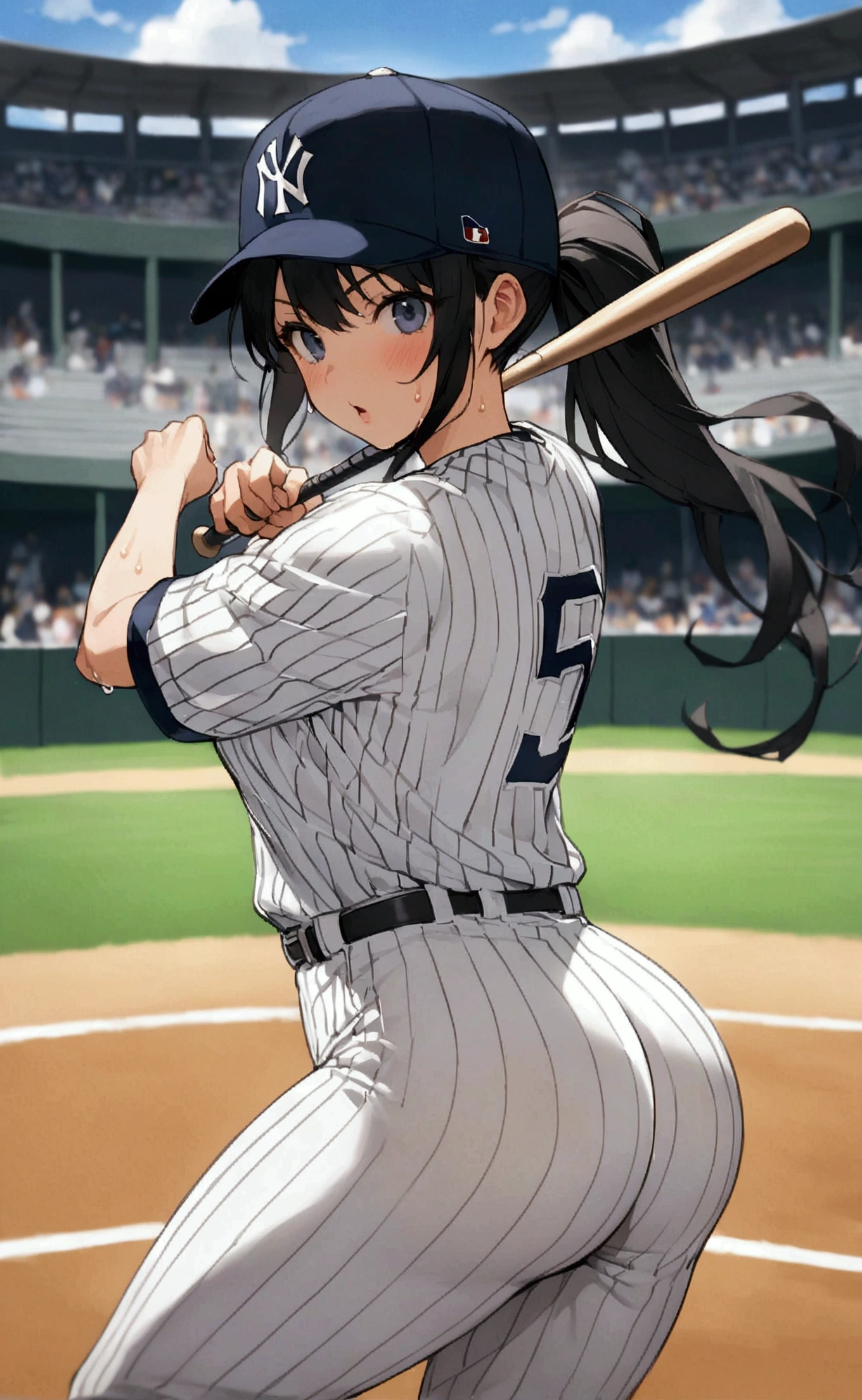 One woman、beautiful girl、high school girl、Baseball uniform、Yankees uniforms、Baseball cap、ponytail、Long Hair、baseball Ground、Batter、Batterボックス、Holding a bat、Baseball Swing、The stands are packed、swinging a bat、Hitting a baseball、Home Run、Highest quality, Thick thighs、Big 、Big Ass、Black Hair、Sweaty body、Ichiro's batting style、Number 51、