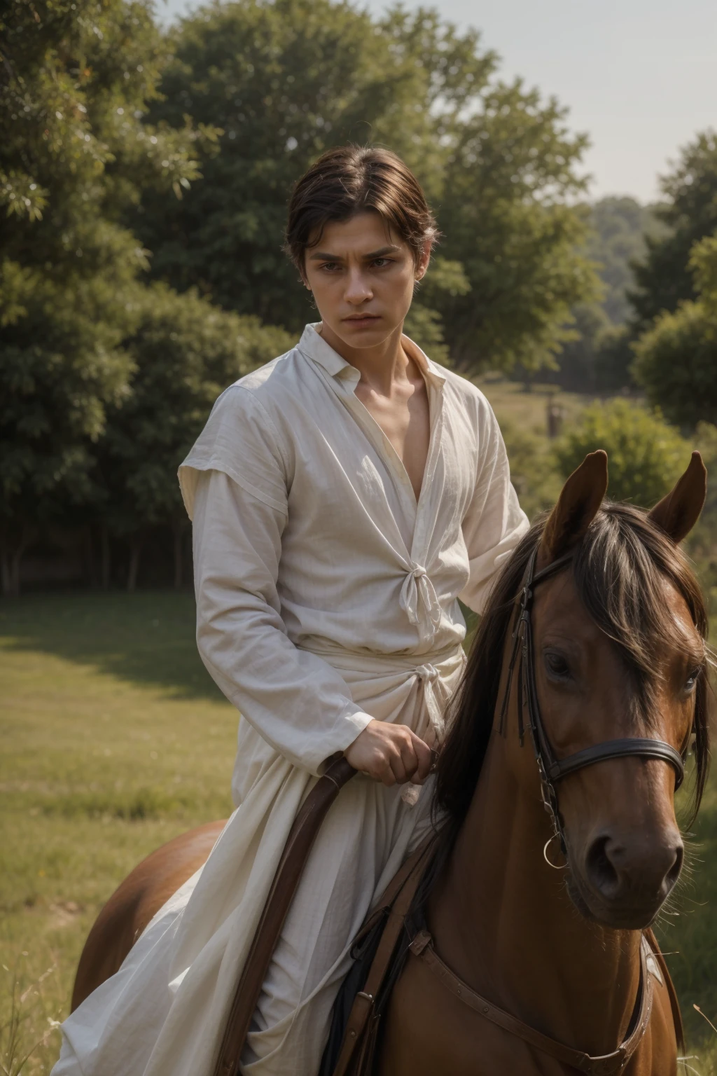 A beautiful young male twink with black hair and a face with makeup, wearing a long-sleeved medieval shirt with ties and a v-neck of gothic cotton and linen, white in color, and aquamarine pants. He is riding on a horse, with a sword in his hand and an iron shield. He is on the battlefield and looks angrily