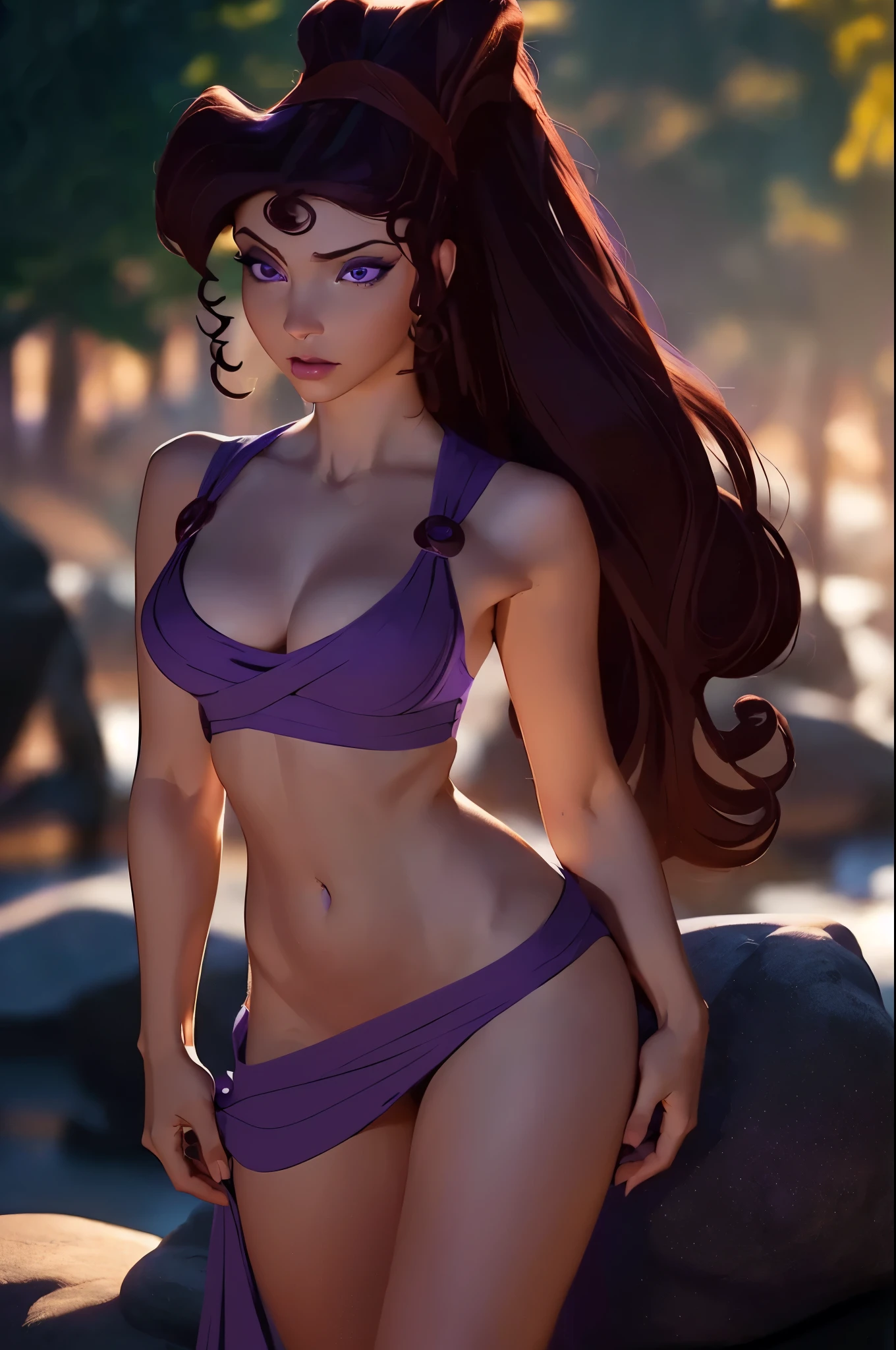 (NSFW) 1girl, ((nude)(, long and elaborate hair, ((purple eyes)), jewelry, ((Cast light magic)), on a rocky beach, Volumetric lighting, best quality, masterpiece, Realistic, perfect anatomy, (Strong cinematic lighting), impressionist details, intricate details, 8K post-production, high resolution, super details , trending on ArtStation, sharp focus, depth of field, f/1.8, studio photos, (((Looking at camera))), Megara, brunette hair, full body, looking to the viewer, long hair,