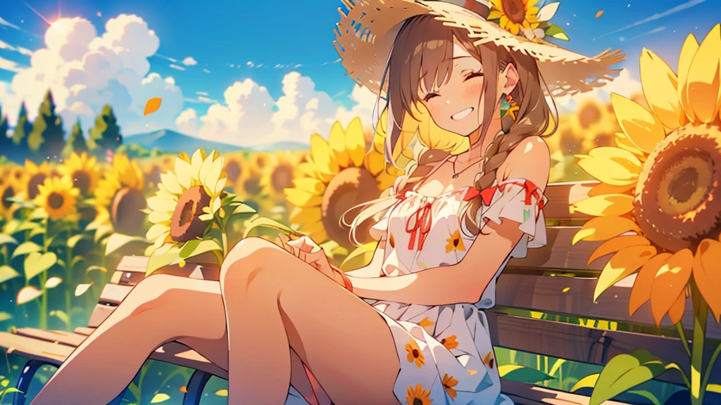 masterpiece, Highest quality, View your viewers,
One girl, alone, smile, Sitting, Have, Shoulder cutouts, Braiding, dress, Brown Hair, (close your eyes:1.1), twin Braidings, blush, Long Hair, bench, Grin, Grass, white dress, jewelry, Clothing cutouts, bangs, necklace, Floral print, Blurred, hand Between the legs, Blurred background, Between the legs, bow, In-person audience, chest, Exposing shoulders, sun Have, straw Have, Day, clavicle, hair bow, Short sleeve, The legs are detached from the frame, ribbon, Brown hat, on bench, Depth of written boundary, park bench, ^_^, Hair that falls over the shoulders,
Day, null, Sunflower field, petal,