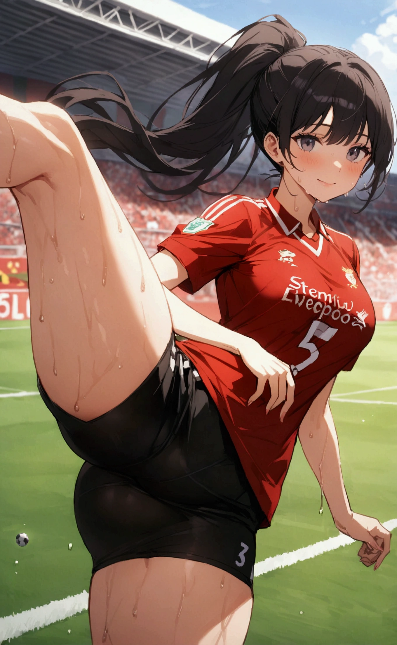 One woman、beautiful girl、high school girl、Soccer uniforms、Liverpool Shirts、ponytail、Long Hair、Football Stadium、soccer ball、Shoot shoots、Kicking the ball、Soccer Shoot、soccer ballを蹴り上げる、The stands are packed、Highest quality, Thick thighs、Big Ass、Black Hair、Sweaty body、Bullet Chute、Number 10