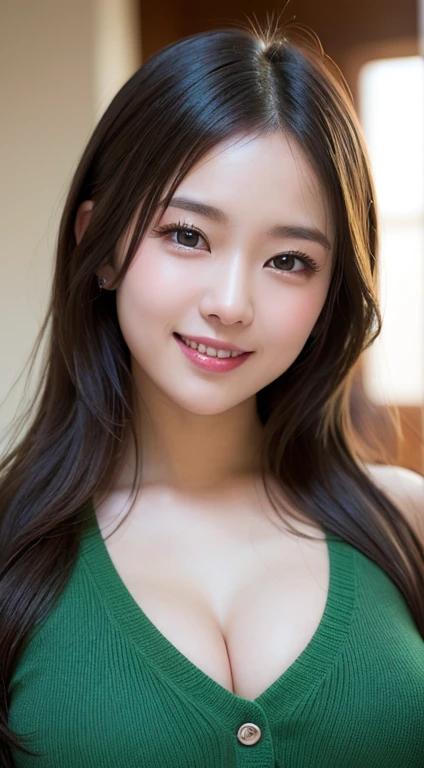 Tabletop, Highest quality, Photorealistic, In detail, High resolution, 8k wallpaper, Perfect dynamic composition, Beautiful attention to detail, Medium Hair, Big ample breasts, Random sexy poses,Put your chest together、(Tight green knitwear)、(Breast Swelling 1.2)、Laughter、Open your mouth、Resort scenery、24-years-old、(Droopy Eyes 1.4)、Adult Beauty、Japanese