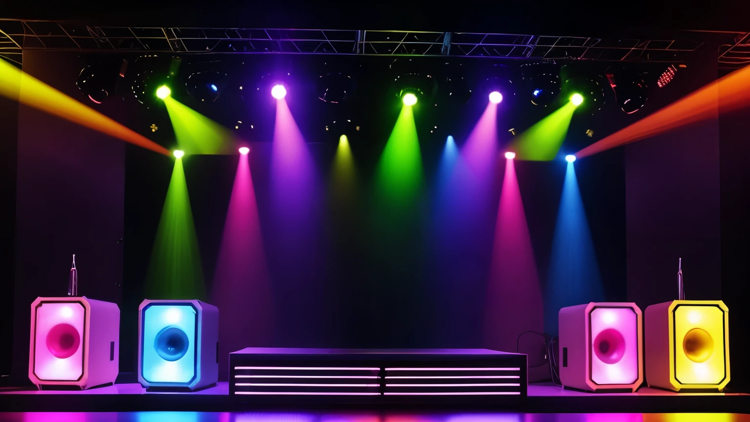 criar um ambiente de disco on 70,80s , eletronic style, stage, lights, power speakers,amplicadores de som,equelizadores, no figures no ambiente, rainbow color lights decoration, unique disco