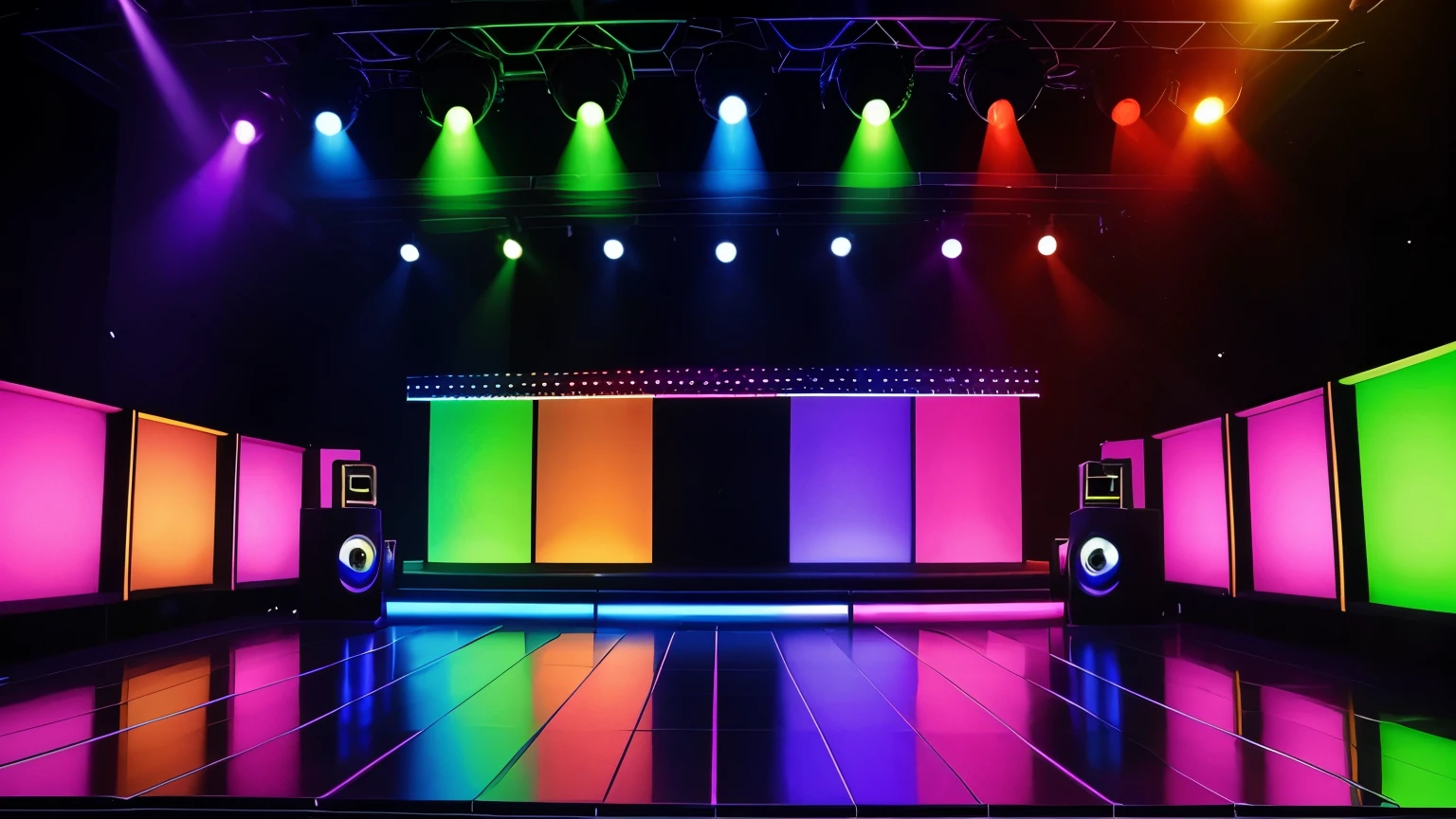 criar um ambiente de disco on 70,80s , eletronic style, stage, lights, power speakers,amplicadores de som,equelizadores, no figures no ambiente, rainbow color lights decoration, unique disco