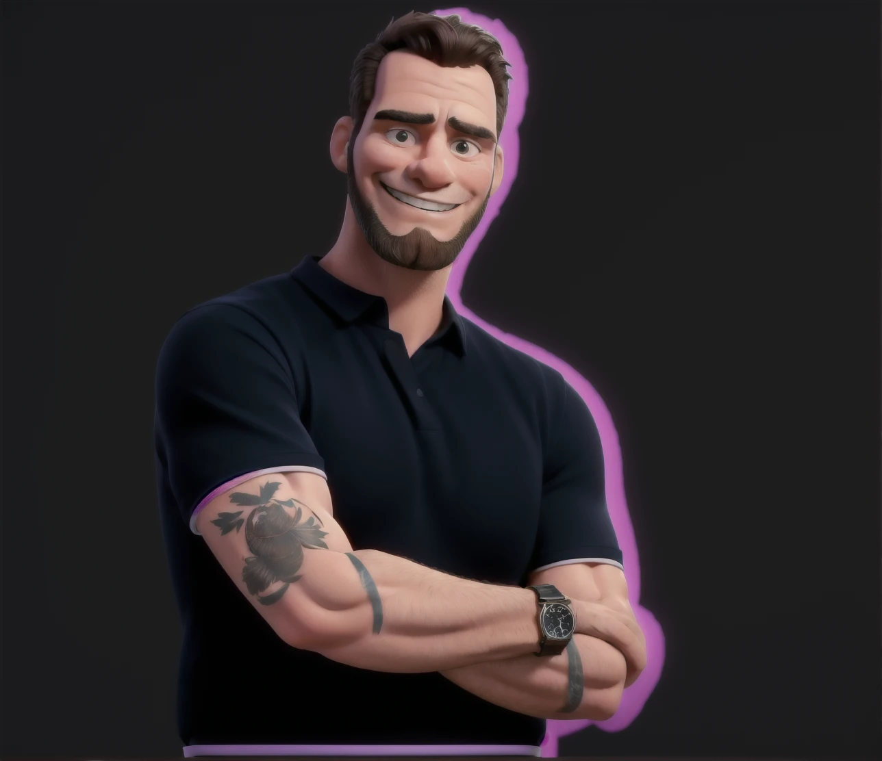 Smiling man with unshaven beard, with arms crossed. business man, bonitas. He has a wristwatch and a tattoo of a palm tree between his biceps and elbow..