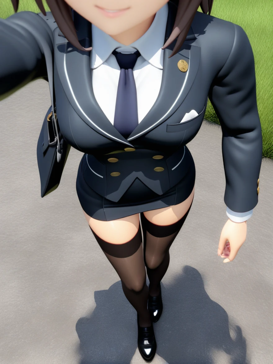 girl ,disembodied head,headless,solo, atago,,miniskirt, selfie, from above,walking,on gras,smug, saliva,medium breasts,black shoes,looking up,3d anime, skirt suit, (((three-piece suit))), (((dress shirt))), (((necktie))), (((blazer))), (((suit jacket))), ((waistcoat)), double-breasted waistcoat, (((bodycon miniskirt))), stockings, pocket square, cufflinks,