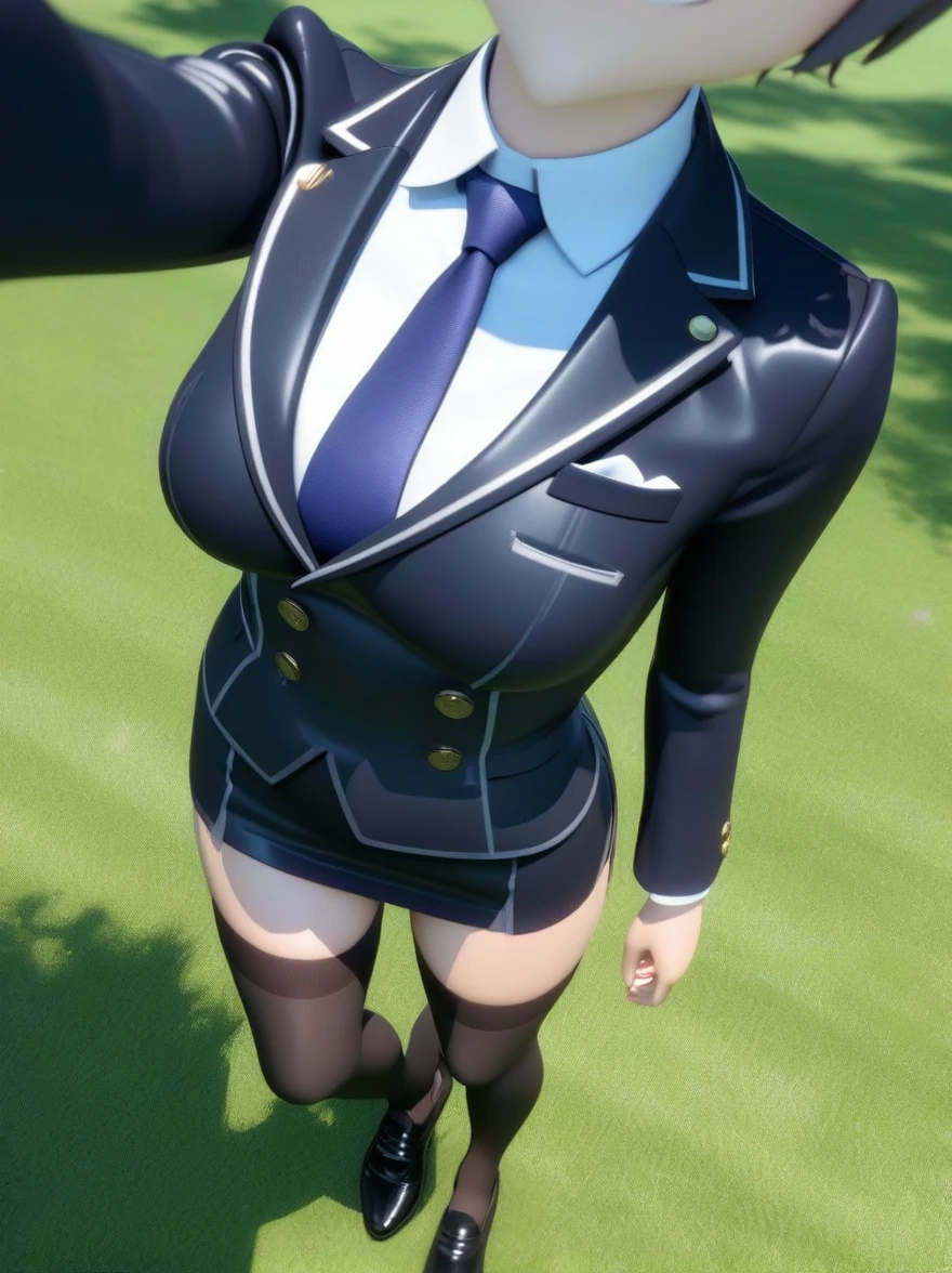 girl ,disembodied head,headless,solo, atago,,miniskirt, selfie, from above,walking,on gras,smug, saliva,medium breasts,black shoes,looking up,3d anime,  skirt suit, (((three-piece suit))), (((dress shirt))), (((necktie))), (((blazer))), (((suit jacket))), ((waistcoat)), double-breasted waistcoat, (((bodycon miniskirt))), stockings, pocket square, cufflinks,