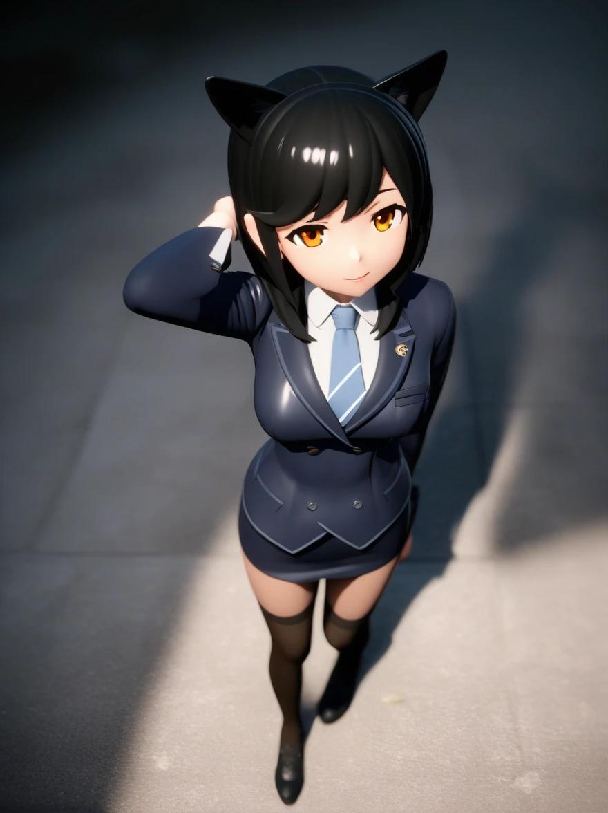 girl ,disembodied head,headless,solo, atago,,miniskirt, selfie, from above,walking,on gras,smug, saliva,medium breasts,black shoes,looking up,3d anime, skirt suit, (((three-piece suit))), (((dress shirt))), (((necktie))), (((blazer))), (((suit jacket))), ((waistcoat)), double-breasted waistcoat, (((bodycon miniskirt))), stockings, pocket square, cufflinks,