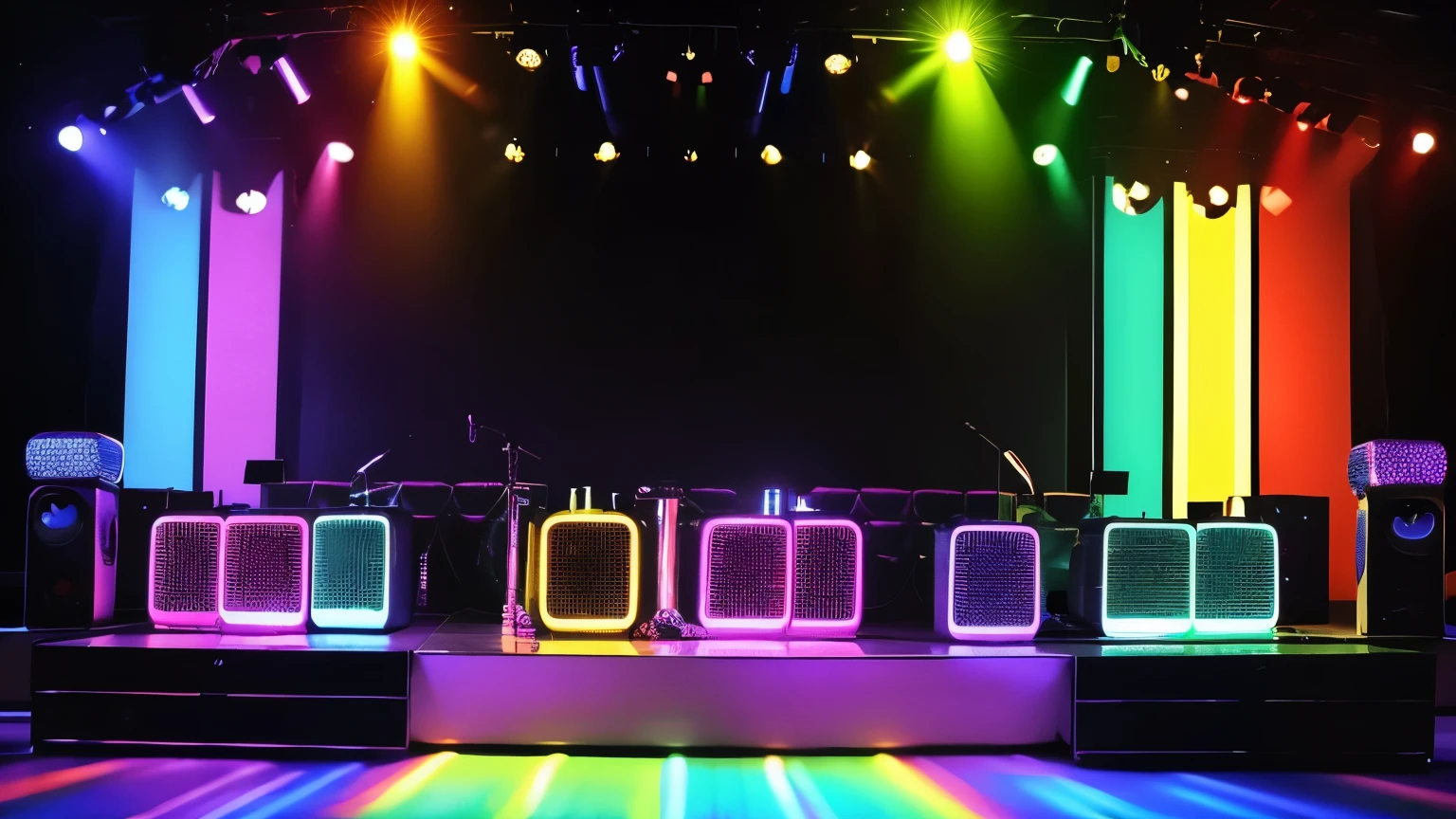 criar um ambiente de disco on 70,80s , eletronic style, stage, lights, power speakers,amplicadores de som,equelizadores, no figures no ambiente, rainbow color lights decoration, unique disco