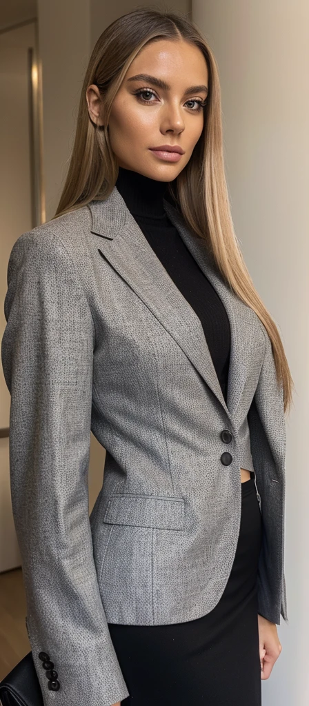A realistic photo of beautiful italian business woman with professionnal black skirt suit, light makeup, long straight blonde hair, high quality, very detailed, perfect fit, looking at the camera, detailed face