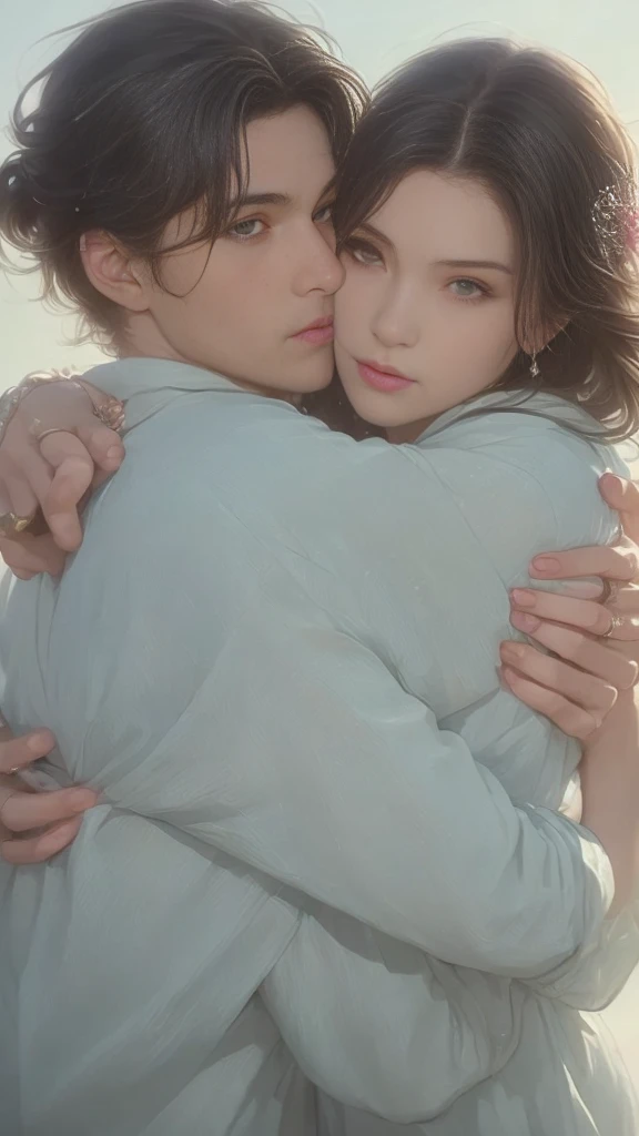 High-quality images of couples: Blond man (Tall、Statue-like、Handsome and、Brave young man、blue eyes、Curly golden hair、Wearing a grey antique military uniform) A woman with black hair (long straight black hair、Long Bangs、Blackberry eyes、A beautiful young femme fatale、naked、Princess、Hugging。They are in love with each other。Created by Boris Vallejo「Ideal Anatomy」The sketch of、It is characterized by being very detailed.。masterpiece、Detailed study of the face、Beautiful Face、Beautiful Faceの特徴、Perfect Image、Realistic shots、Detailed study of the face、Full body image、8k、Detailed Images、Highly detailed illustration、最高品質の真のmasterpiece、Careful drawing。

Watercolor、