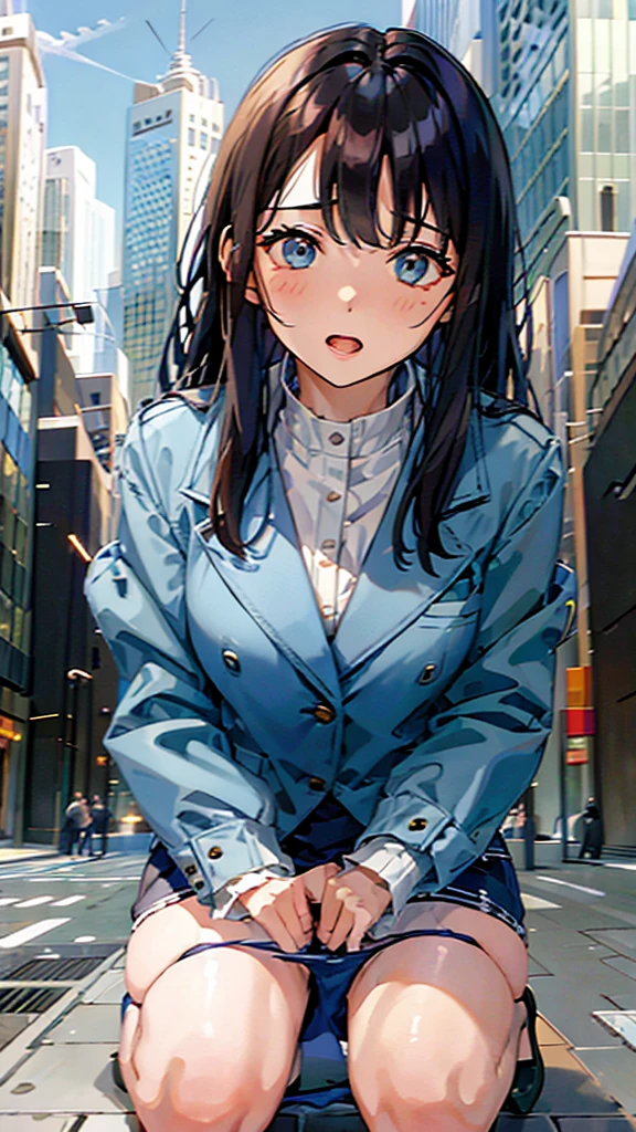 office Street,Skyscrapers in the background,blue sky,all fours,Kneel,masterpiece,quality,High resolution,高quality,Realistic,Random hairstyle,business suit,Blue jacket,White collared shirt,whole body,Bangs,Ahegao,Big eyes,Embarrassed face,Fair skin,Thighs,High heels:1.3,pantydrop:1.5