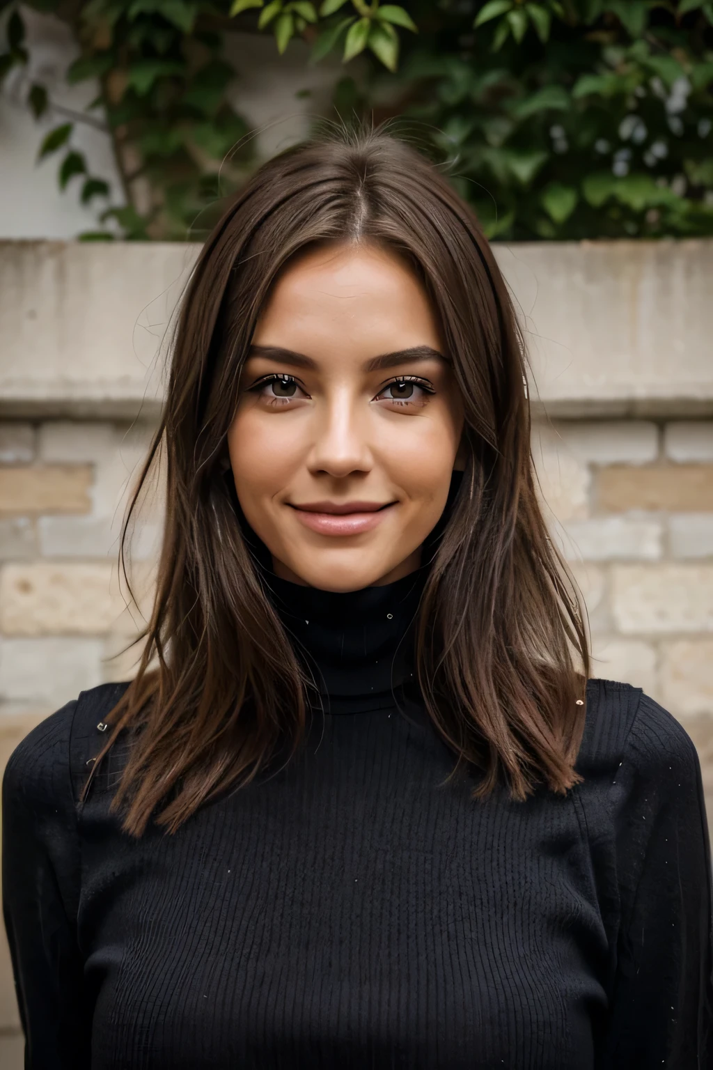 1 femme adulte de type européenne , cheveux longs, cheveux lisse, cheveux de couleur noire, peau lisse, yeux bruns, sourire, végétation, Occasionnel, Vêtements de style femme d'affaires, Blaser brun clair, Réaliste, avec une expérience dans un restaurant chic, 8K super réaliste, Super détaillé et réaliste